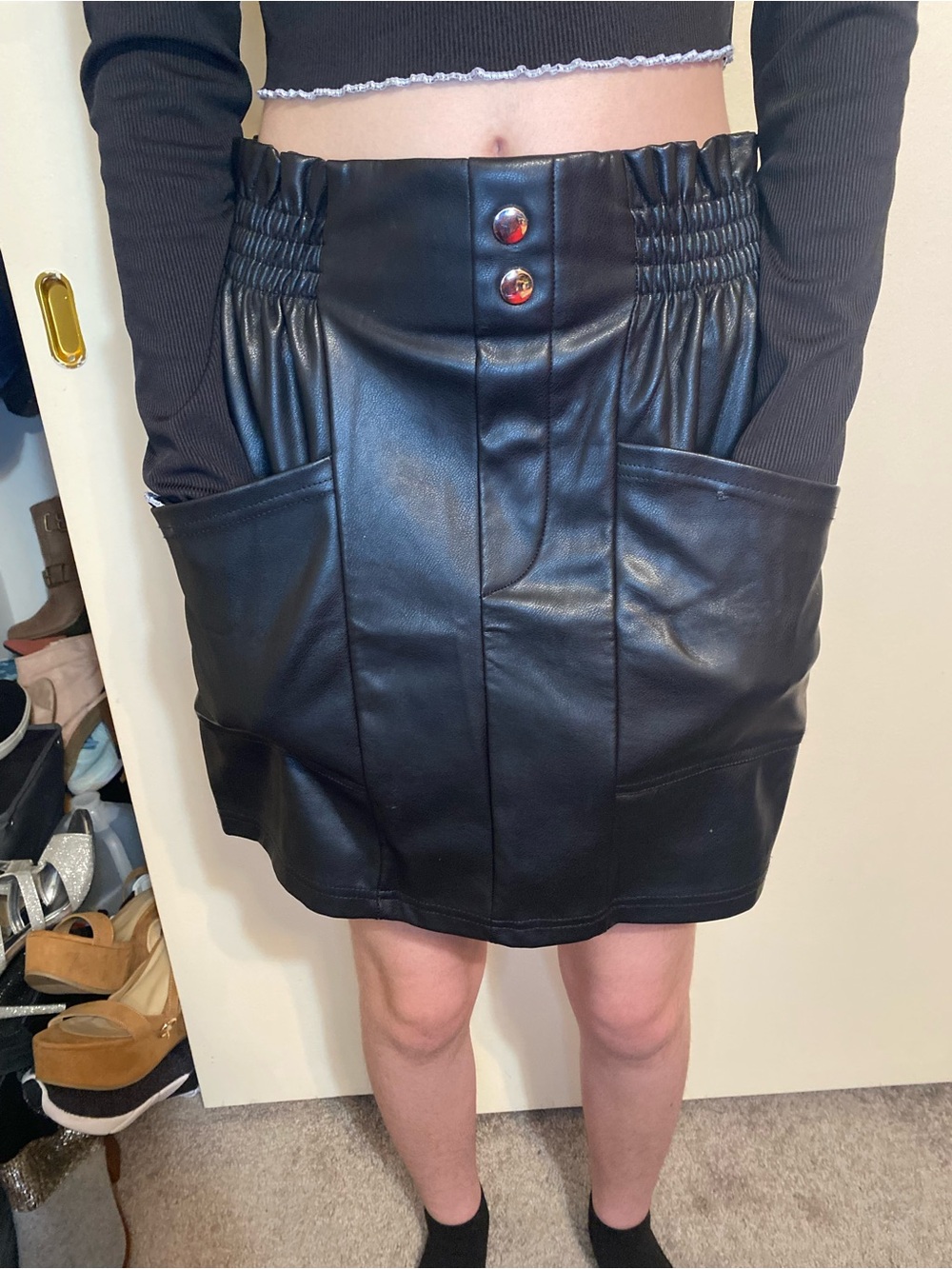 Black Faux Leather Mini Skirt with Front Pockets size small - Picture 2 of 11
